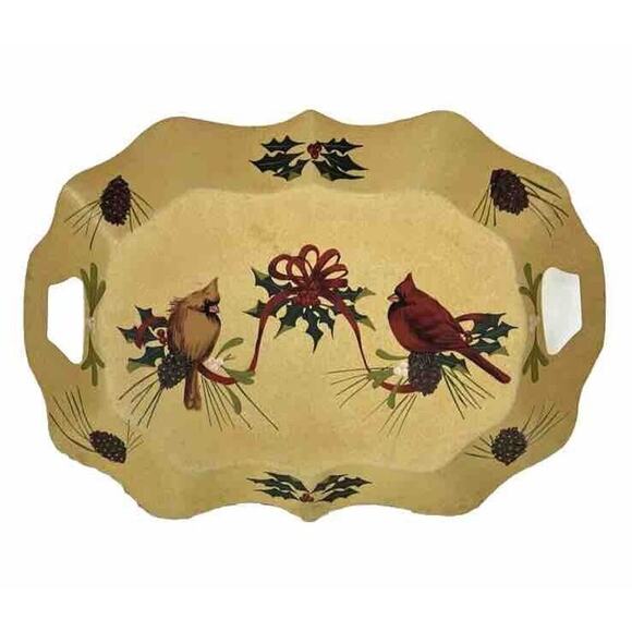 Lenox Winter Greetings Metal Tray Toleware Large 18 x 14 Rectangle Cardinal Bird - Picture 1 of 3